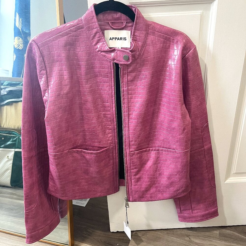 Apparis Pink Crocodile Embossed Faux Leather Jacket, Medium